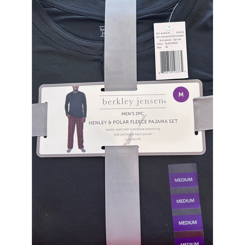 NWT Berkley Jensen Mens 2PC Henley & Polar Fleece Pajama Set Buffalo Plaid Med.